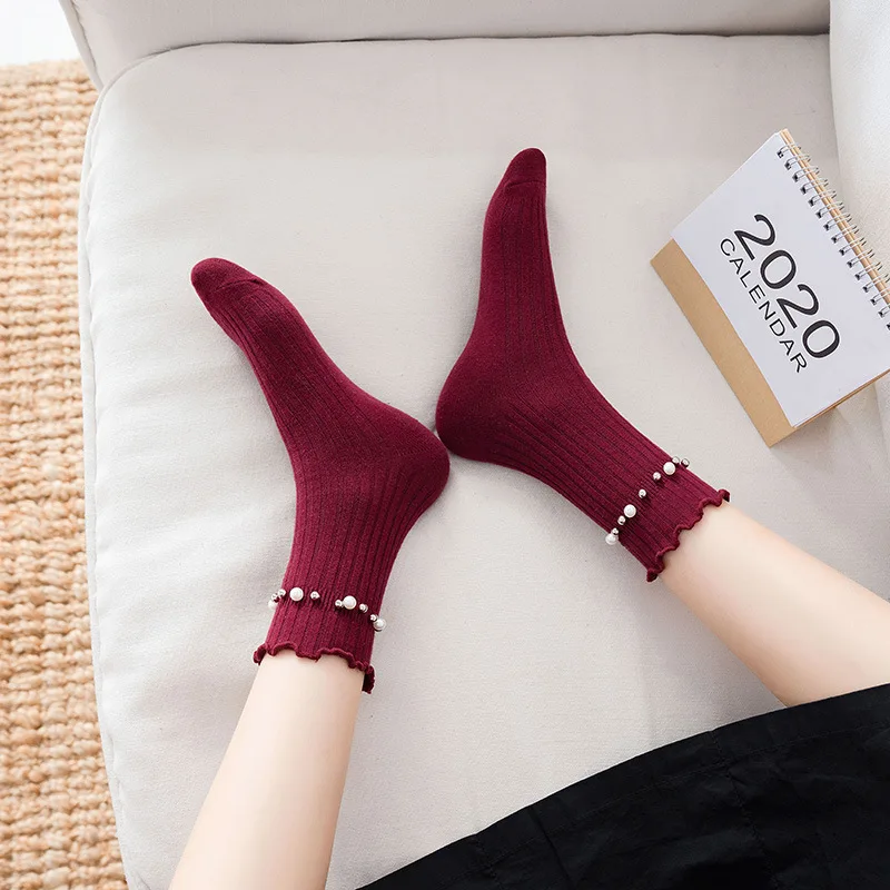 

Japanese Women's in Tube Socks Pearl Rivet Vertical Stripe Solid Color Black Fungus Lace Stacked Socks Wholesale