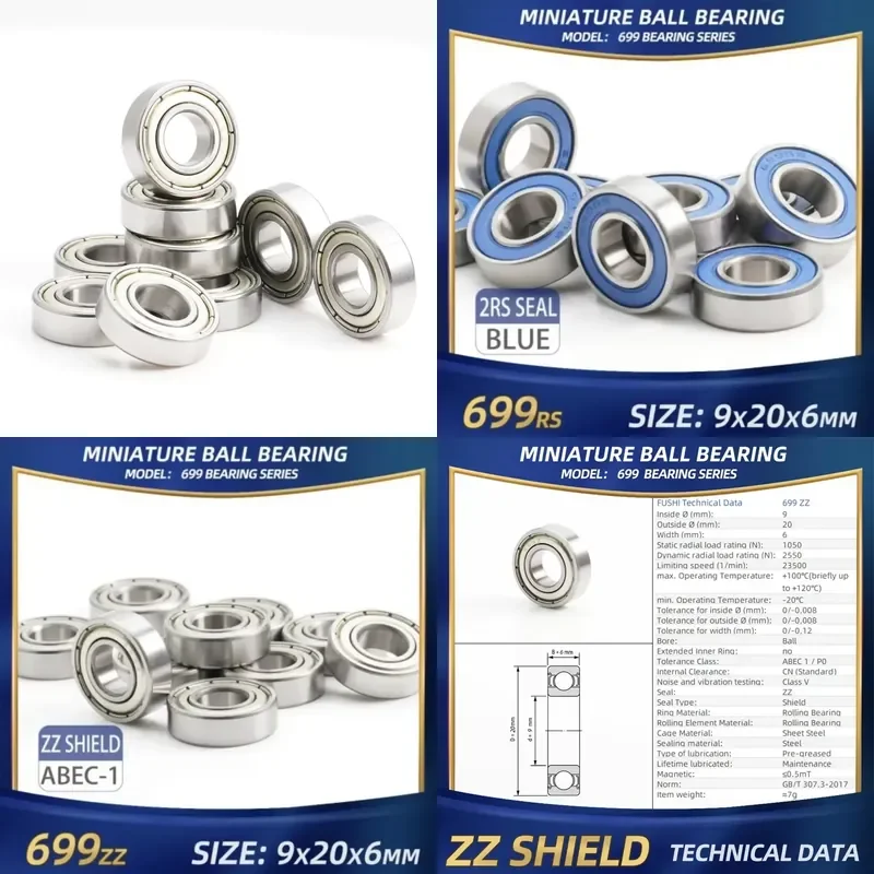 699ZZ & 699RS 9x20x6mm Deep Groove Ball Bearings 10pcs For Strong Industrial Motors High Speed