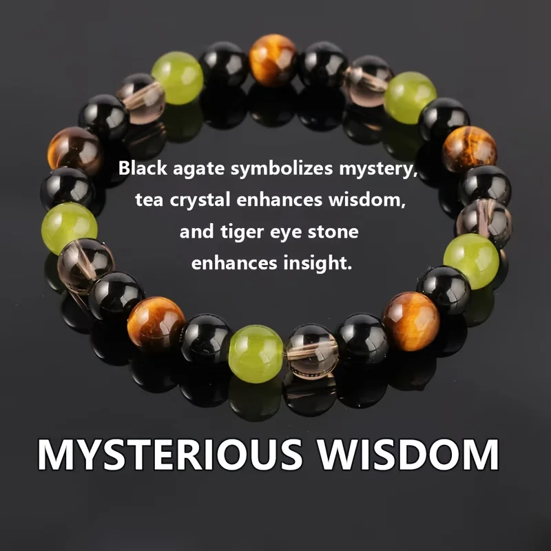 Pulsera protectora de 1 pieza - pulsera elástica con cuentas de obsidiana verde oliva y cuarzo ahumado, diseñada en tonos negro y dorado con cuentas esféricas transparentes y cuentas cilíndricas lisas de obsidiana, adecuada para uso diario o como joyería para ocasiones especiales.