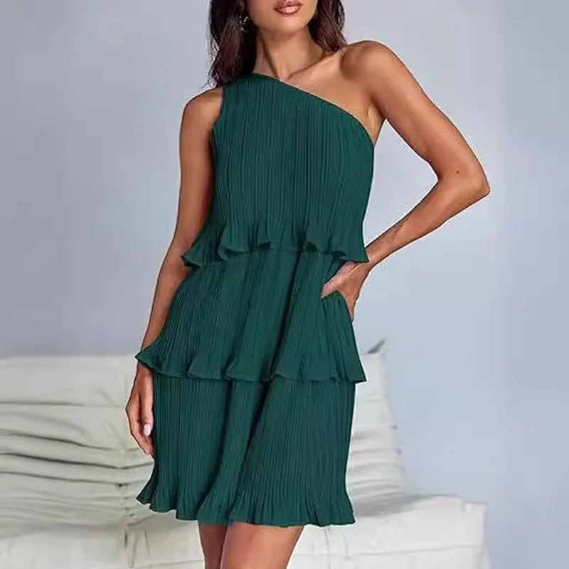 Corte en A para mujer, minivestido liso con dobladillo de retazos, volantes en capas, hombro inclinado, elegante, verano 2024