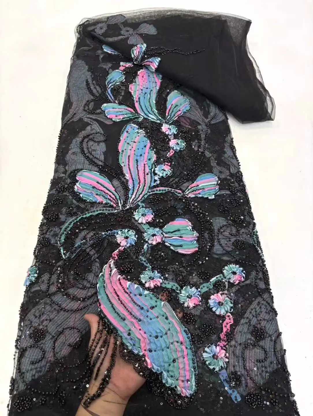 5 ياردة الترتر الأفريقي الخرز الدانتيل النسيج 2025 جودة عالية ثلاثية الأبعاد زهرة الفرنسية شبكة تول التطريز الزفاف الدانتيل المواد