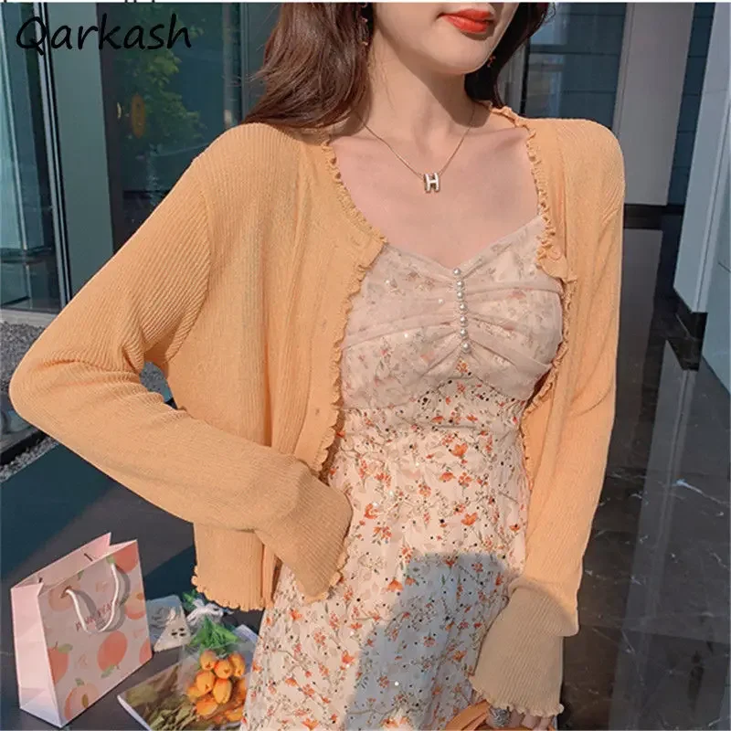 

Jackets Women Slim Knitting Summer Sun-proof Long Sleeve Single Breasted Ruched Elegant Maiden Outerwear Casual Candy Colors Ins