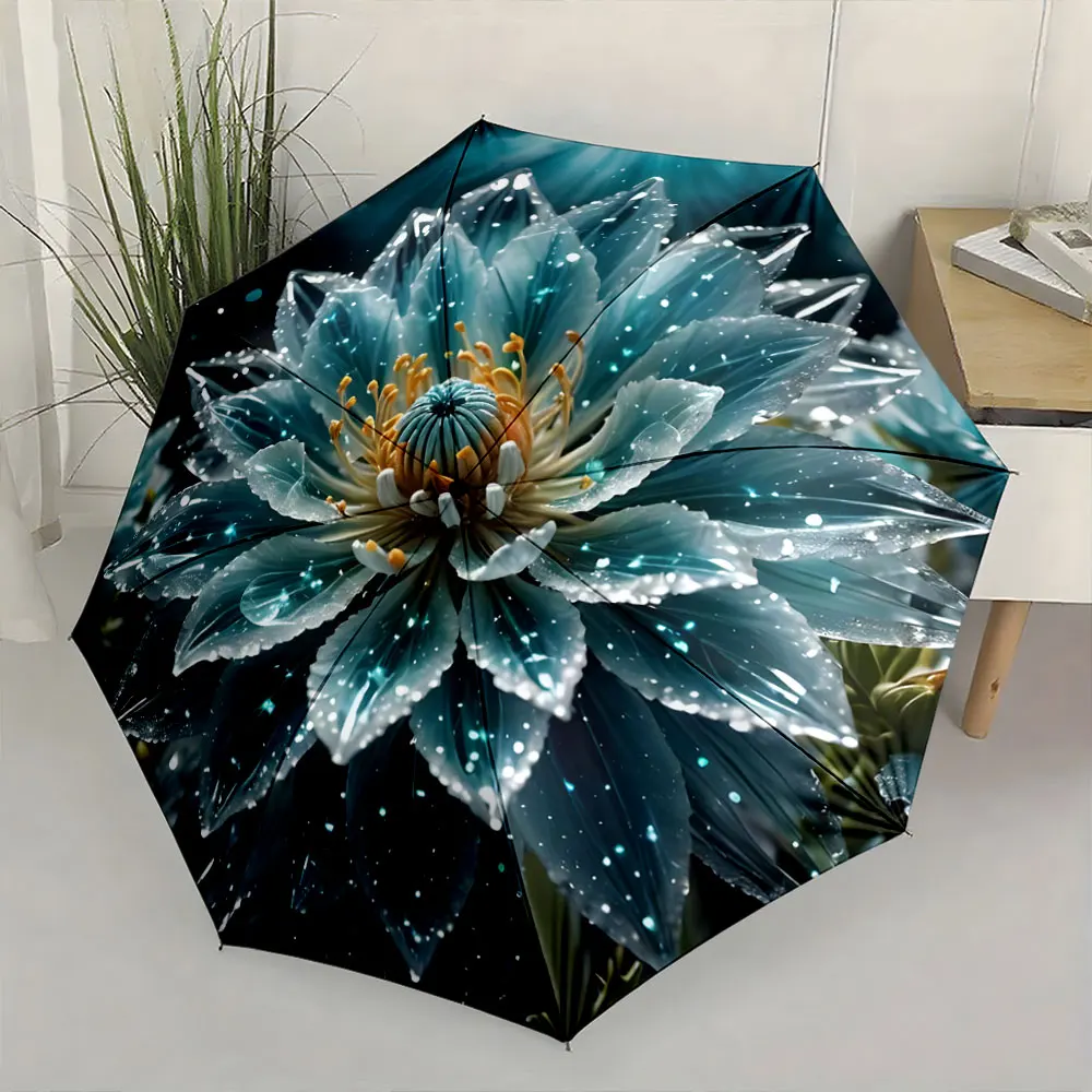 1PC Stunning Floral Umbrella Art: A Fusion of Nature and Design Print 8 Iron Ribs Folding Umbrella Auto-Open Fashion Sunshade