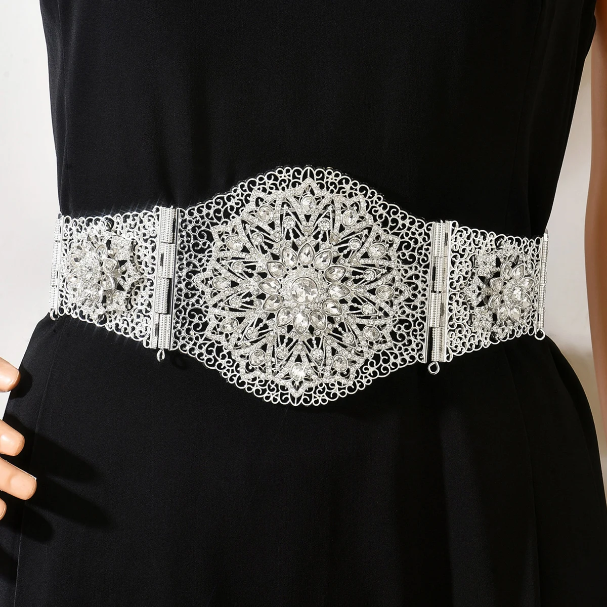 

Fatima Chain for women's Big size Hollow Flower Length Adjustable Wedding Bridal Party Crystal Belt Jewelr