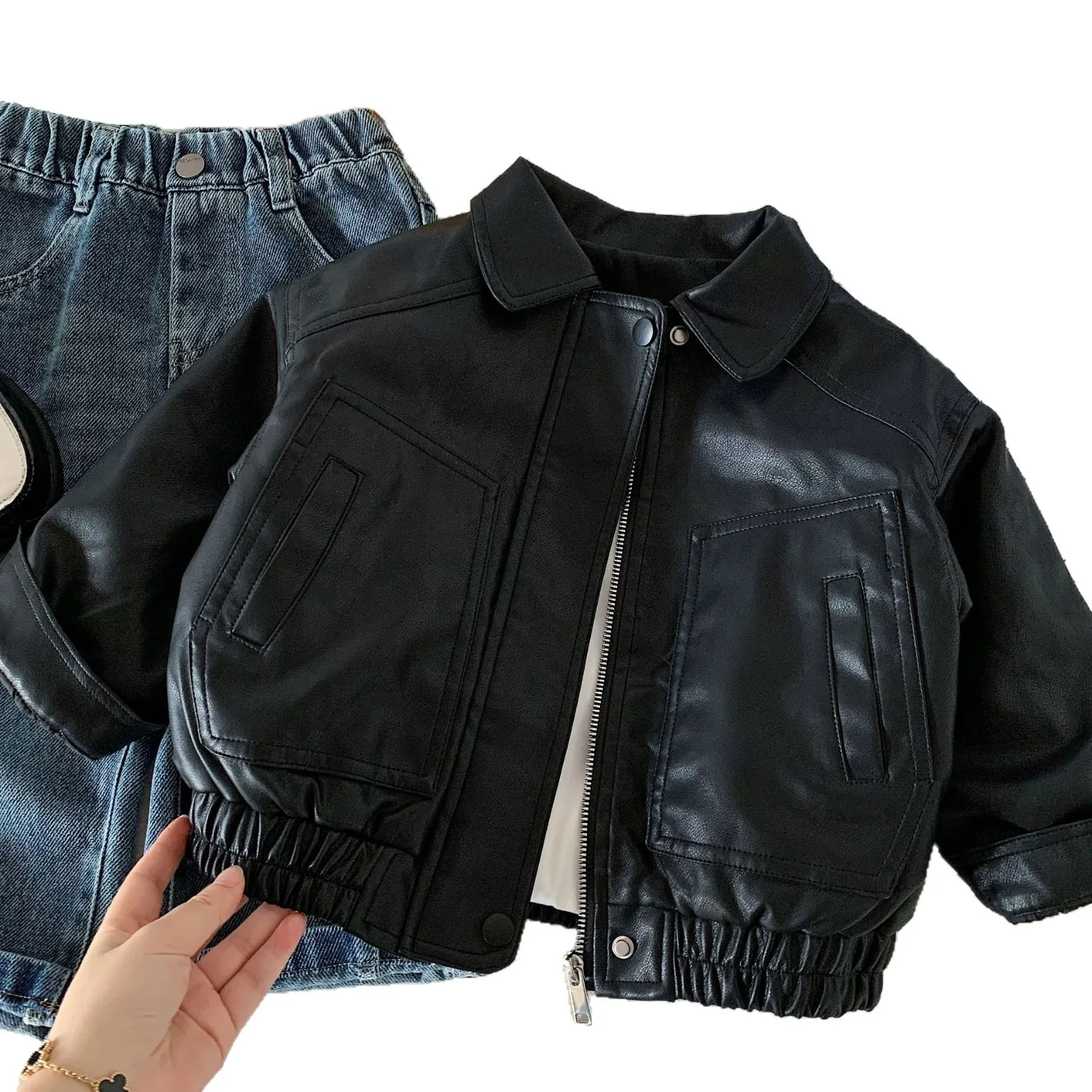 Coat Boys' Leather Jacket Winter New Handsome Children's Collar Cotton Jacket Boys' Warm Winter Clothing Trendy Fashion