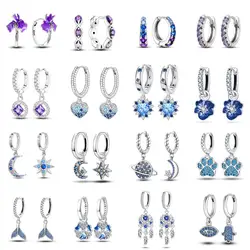 925 Sterling Silver Blue-Purple Series Drop Earrings For Women Love-Heart Star Moon Hoop Earrings Wedding Jewelry Gift Accessory