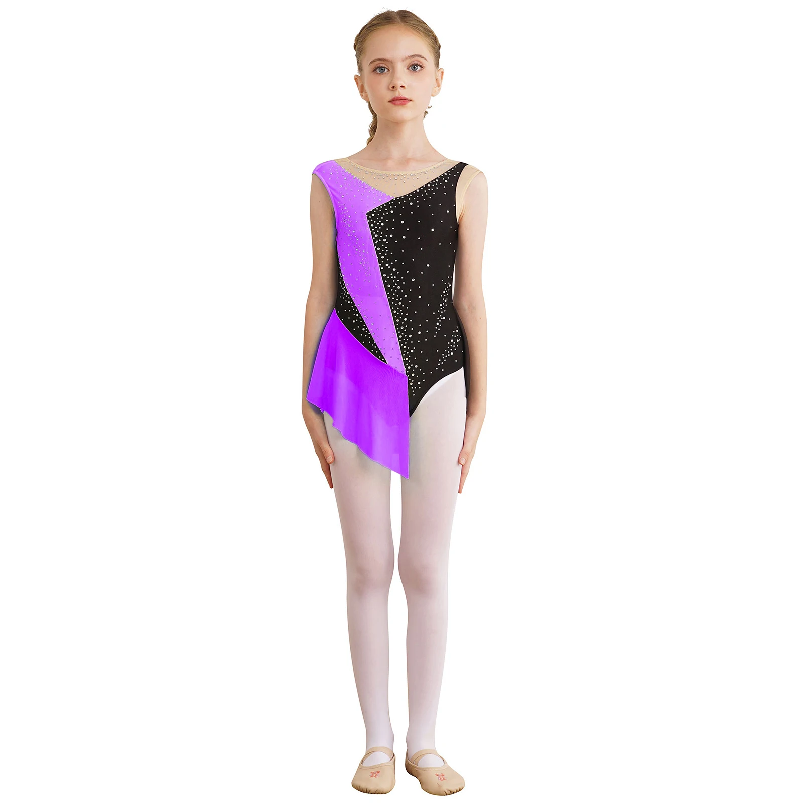 Kids Girls Figure Skating Dress Shiny Rhinestone Sheer Mesh Tutu Ballet Gymnastics Leotard Dress Ballroom Performance Dancewear