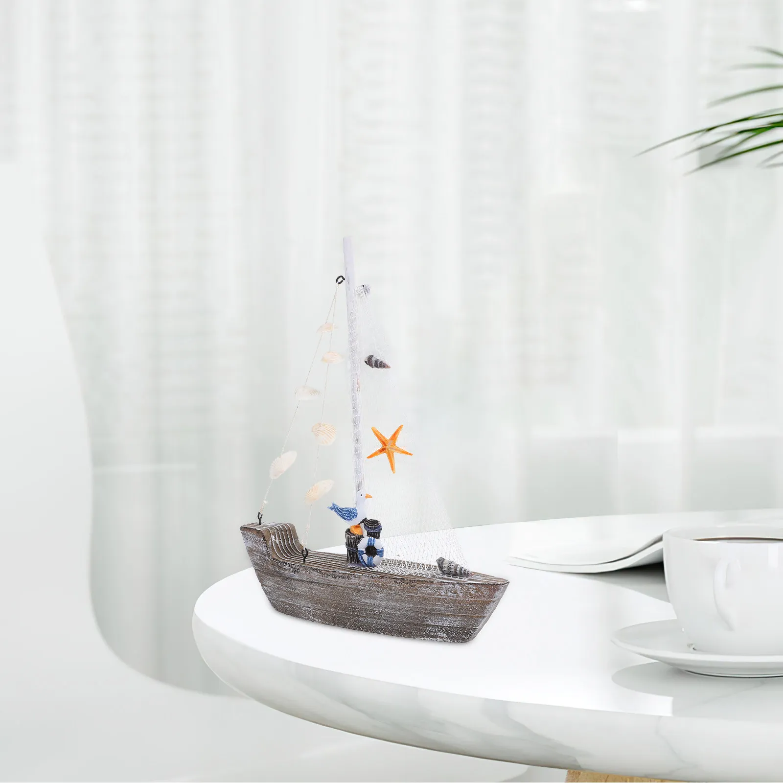 Blue and White Sailboat Ornament with Seashells – Vintage Coastal Tabletop Decor for Living Room