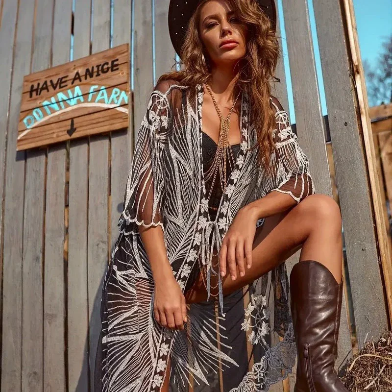 Abito da vacanza estiva in pizzo per donna, abito da spiaggia, lungo, copricostume da piscina, abito colorato per costumi da bagno