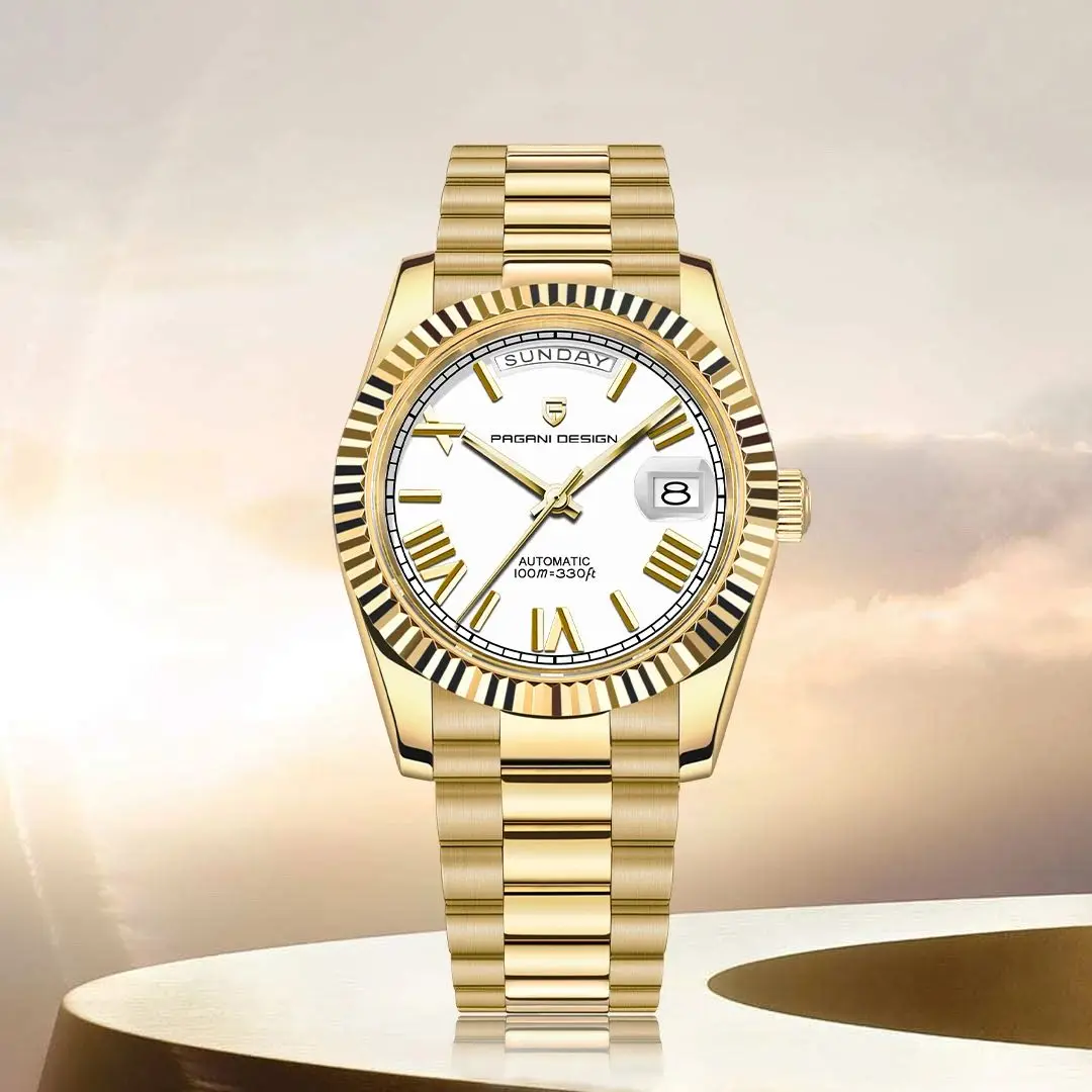 PAGANI DESIGN 2026 Nowy Złoto-Biały Luksusowy Zegarek Automatyczny Męski AR Szkło Szafirowe Datownik Dzień Tygodnia Mechaniczny Zegarek na Rękę Męski Mechanizm ST16