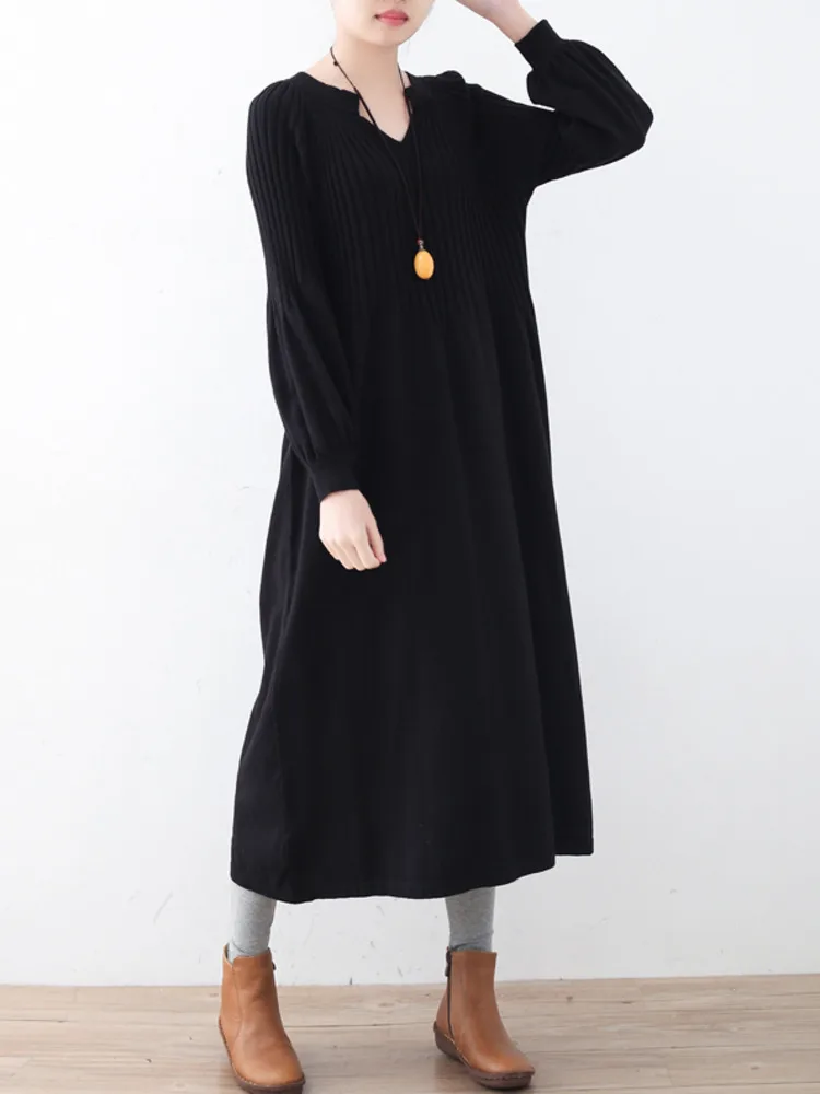 SHENGPALAE Solid Simple Knit Dress Puff Sleeve Fashion V-neck All-match Casual Women Winter Long Dress Robe 2024 Autumn 5C1538