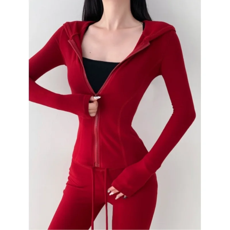 New Year Red Slim Fit Micro Flare Pants Set Women's Early Spring Casual Style Long Sleeve T-Shirt Two-Piece Suit Polyester Fiber