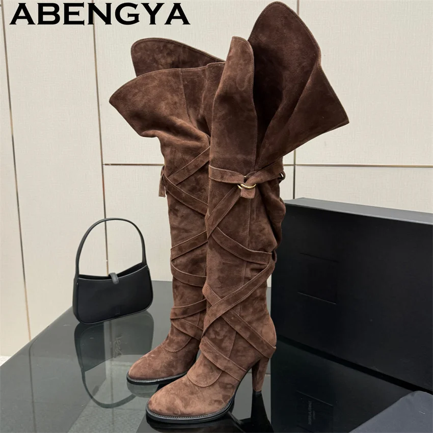 Top Quality Over the Knee High Heel Boots Women Suede Leather Cowboy Long Boots 2026 Winter New Luxury Fashion Week Boots Mujer