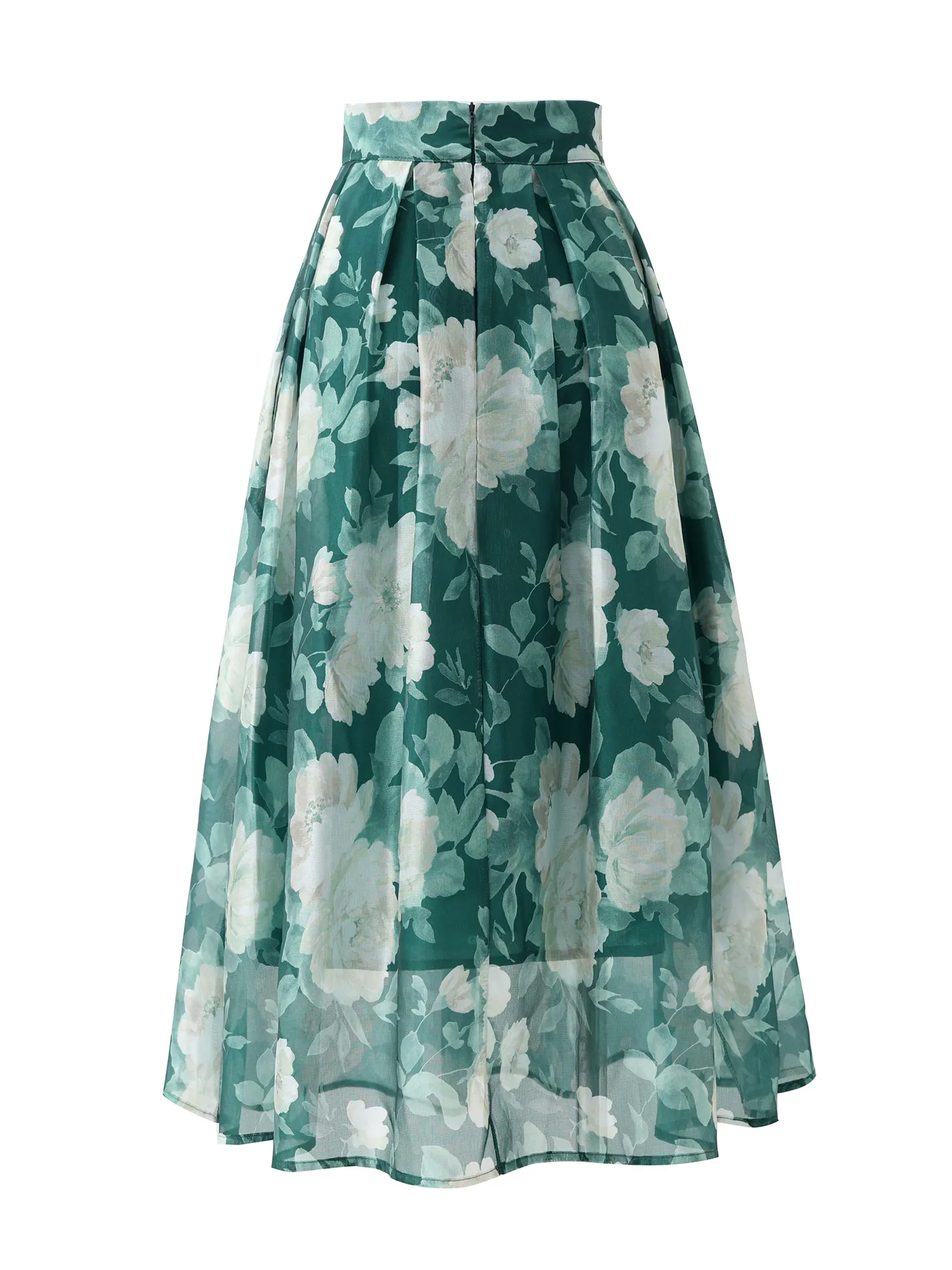 High Quality New Spring Summer Green Puff Skirt Hepburn Style All-match High Waist Mid-long Elegant Printing A-line Floral Skirt
