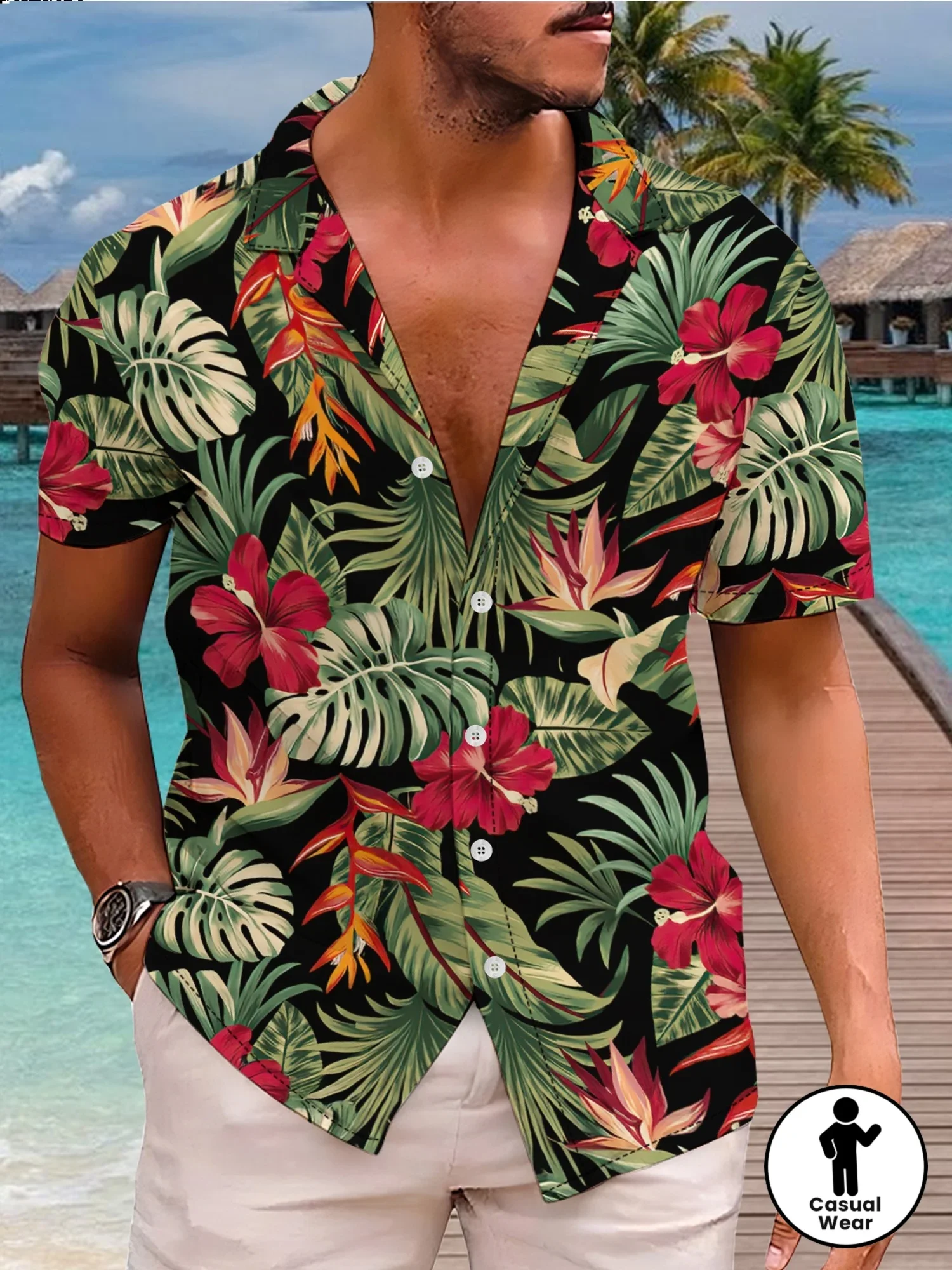 Men Mint Green Flamingo Palm Tree Print Hawaiian Shirt Short Sleeve Lapel Beach Vacation Blouse