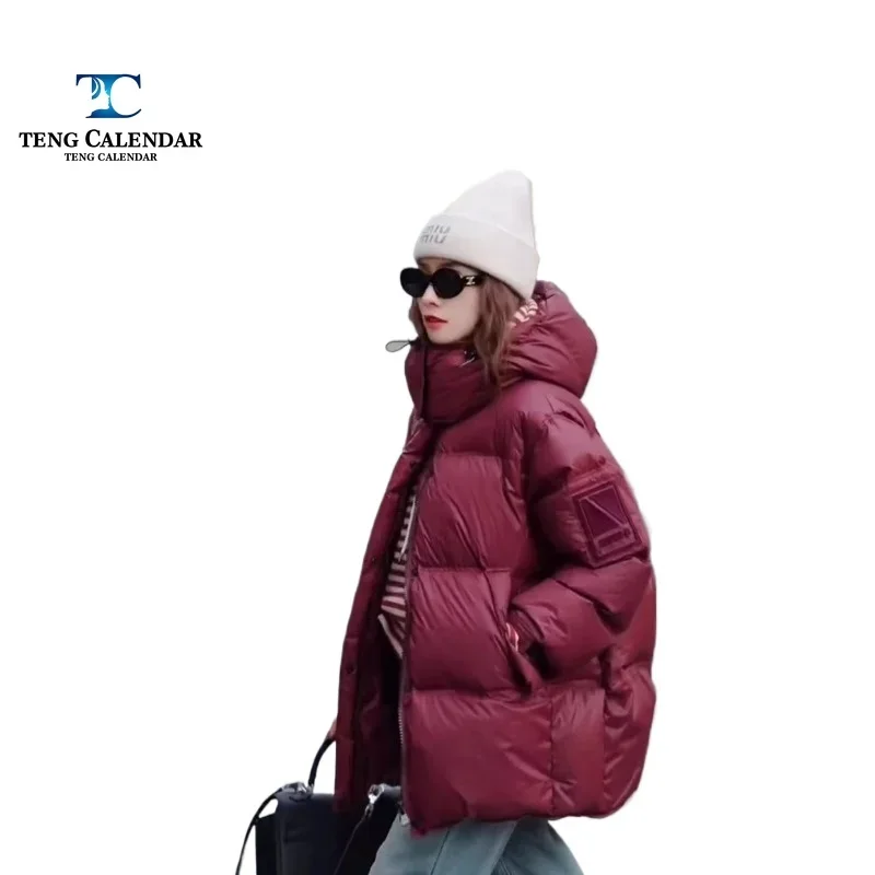 Winter Cotton Jacket for Women, Red, High-End and Skin Friendly, Chic Hooded Loose Down Jacket, New Style