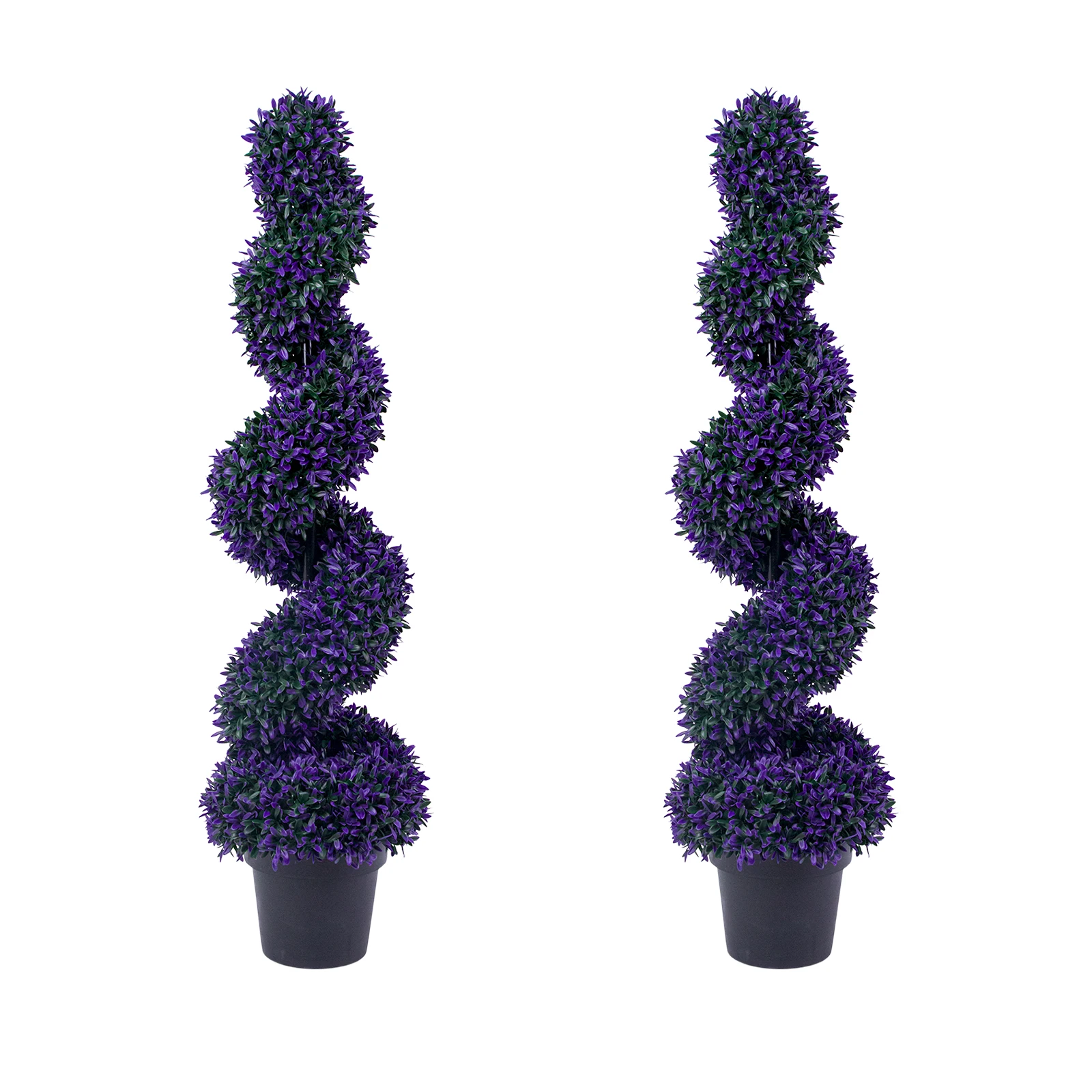 

Set of 2 Artificial Purple Spiral Topiary Trees - UV Resistant Faux Boxwood Plants with Black Pots, Lifelike Evergreen Shrubs for Indoor Outdoor Front Porch Garden Home Decor