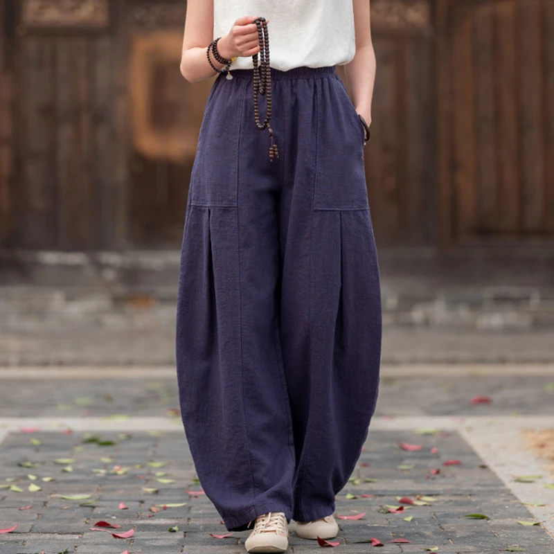 High Quality Cotton Linen Bloomers Pants Women New 2025 Spring Vintage Style Solid Color Loose Female Casual Trousers M1110