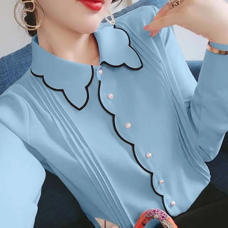 New Western Style Shirt for Women Slim Fit Base Small Shirt Baby Collar Chiffon Shirt Plus Size Top Inner Layer