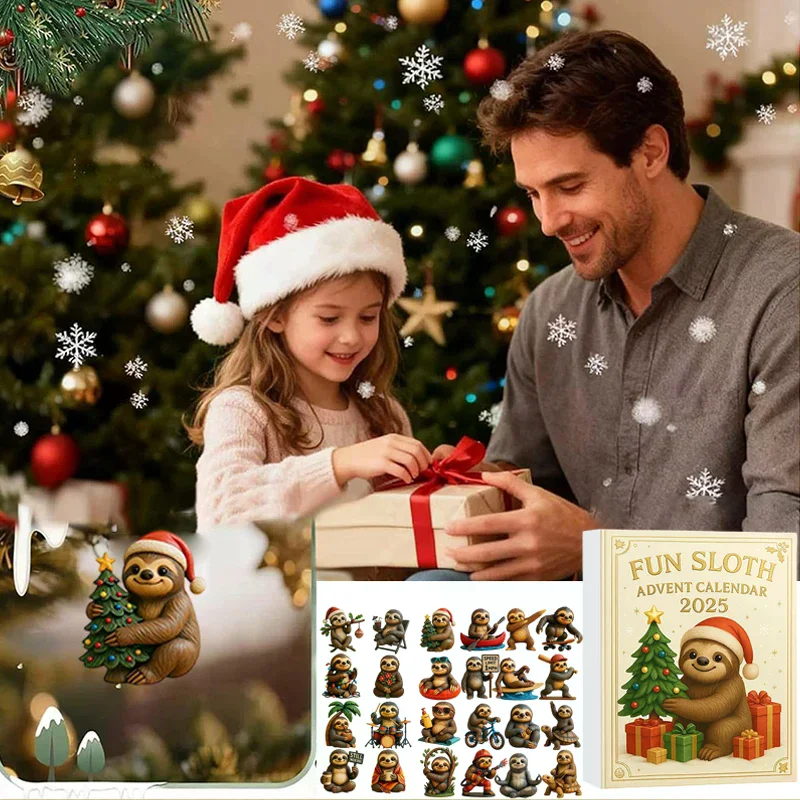 Divertente calendario dell'Avvento con bradipo 2025, calendario per il conto alla rovescia di Natale di 24 giorni con 24 graziosi ornamenti di bradipo da collezione