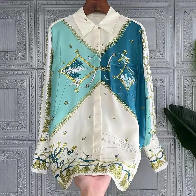 

High Quality 2024 Spring New Unique Design Top Mulberry Silk Printed Shirt Flip Collar Single Breasted Women's Shirt Silk Luxury