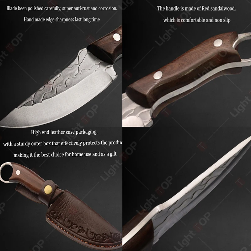 Multifunctional Kitchen Knife Handmade Forged Boning Knife Meat Cutting Fruit Knives Wooden Handle Stainless Steel BBQ Knife