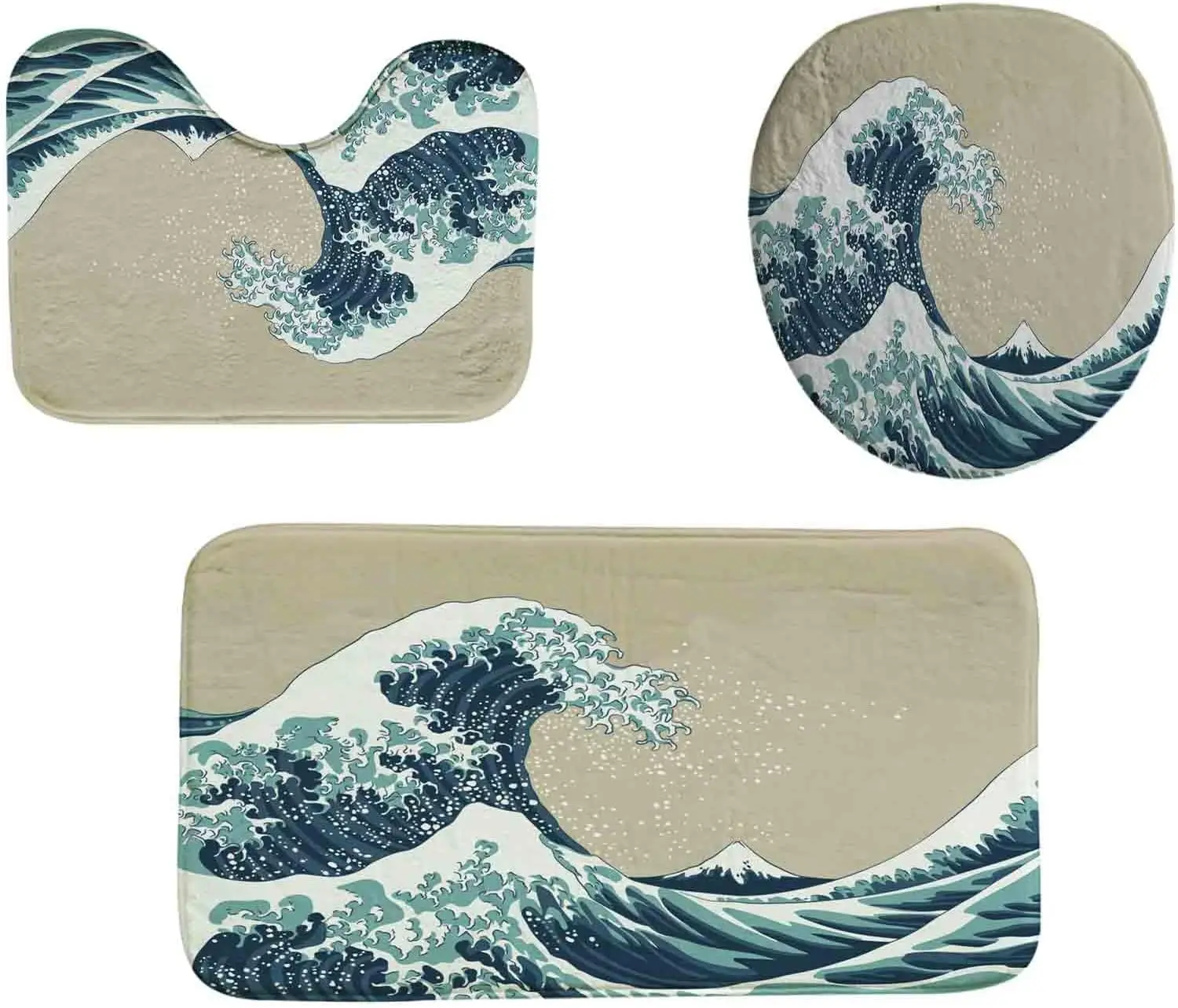 

3PCS Mount Fuji Bath Mat Set, 19th Century Art Non-Slip Washable Rug, Absorbent Floor Carpet for Bathroom Kitchen Bedroom
