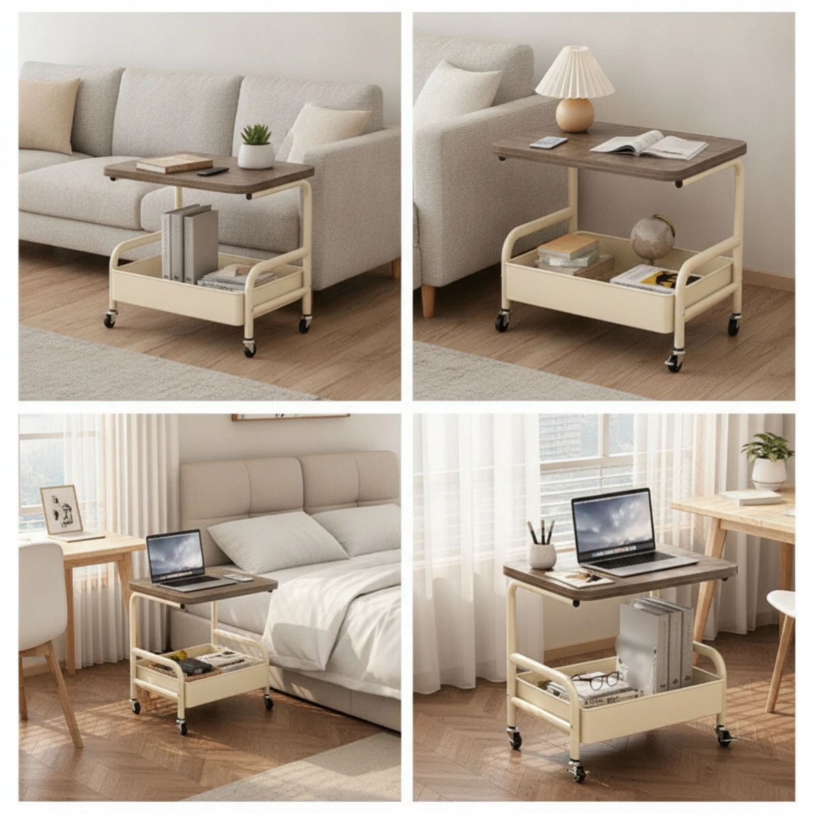 Storage Cart with Wood Top Multi-Purpose Cart with Table Top Rolling Side Table Versatile Sturdy for Bedroom, Living Room