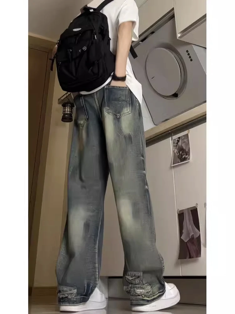 

American High Street Vibe fiti Waed Loose Straight Leg Men's Jeans Vintage Feeling Hole Pants Youth Casual Cotton Denim