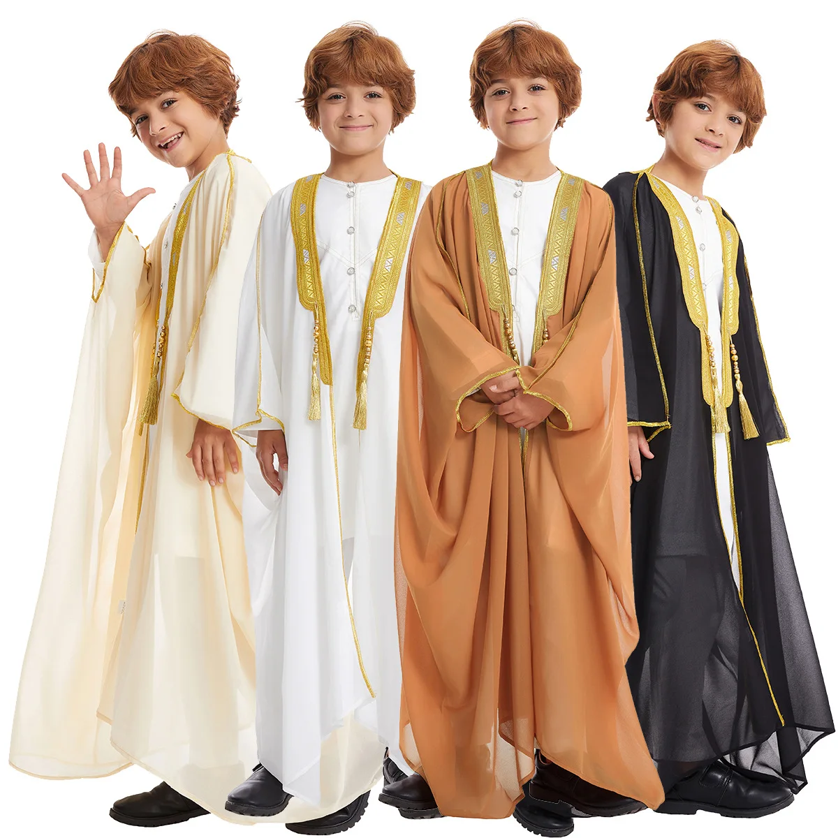

2025 New Arrival Dubai Arab Muslim Boy Thobe Traditional Embroidery Front Open Children Abaya Young Kids Eid Clothing
