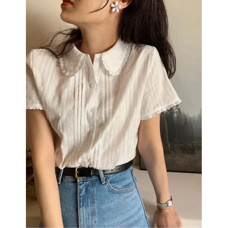 

Summer Women's White Shirt Thin Design Loose Short Sleeve Collar Slimming Top Korean Sle Casual Fashion