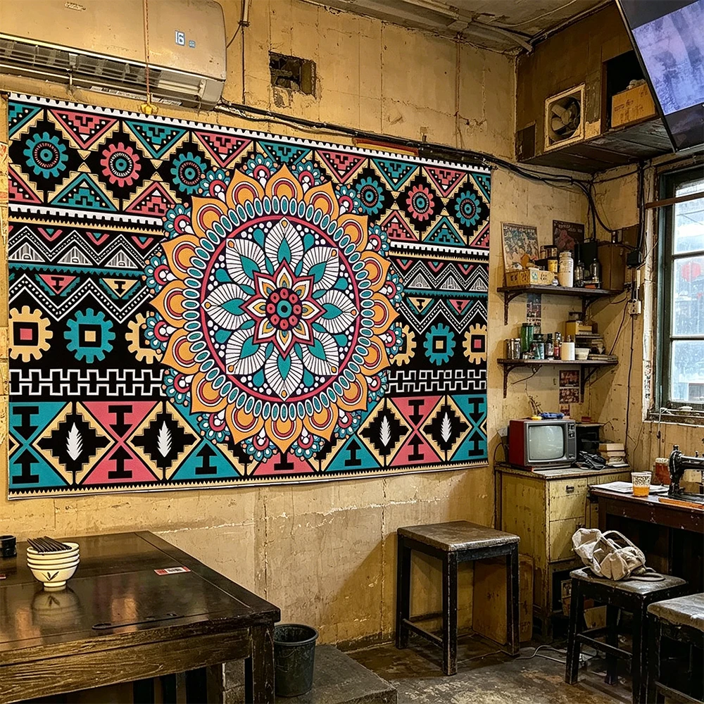 Vintage Tribal Mandala Tapestry Wall Hanging, Colorful Ethnic Aztec Geometric Pattern Boho Tapestry, Retro Hippie Art Wall Blank