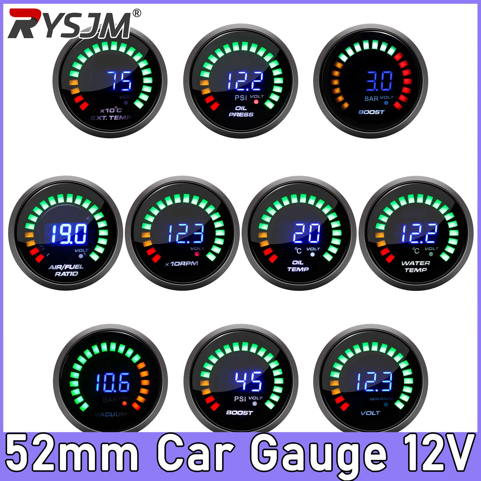 2' 52mm 20 LED Digital Water Temp Oil Temp Oil Press Voltmeter Boost Air Fuel Ratio Tachometer RPM EGT Temp Gauge