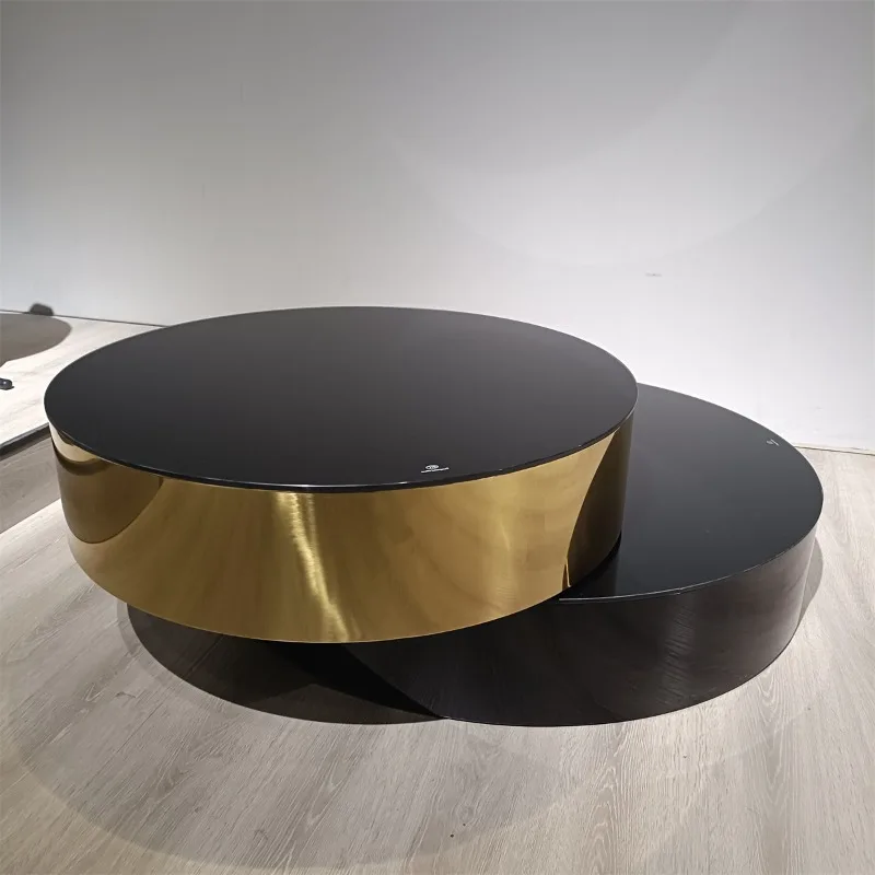 

Italian modern living room office creative telescopic tempered glass round rotating black coffee table gold coffee table
