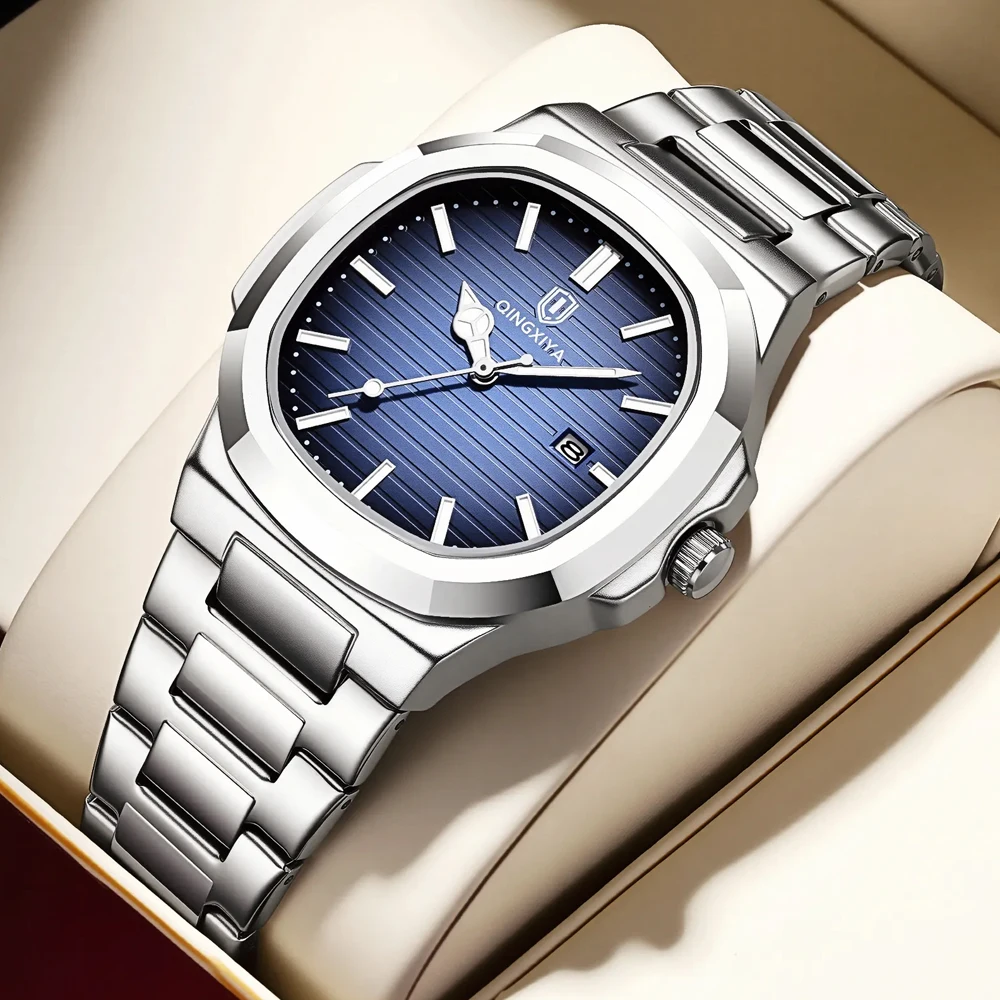 QINGXIYA Fashion Square Dial Quartz Watch for Men Stainless Steel Waterproof Luminous Date Mens Watches Top Brand Luxury Clock