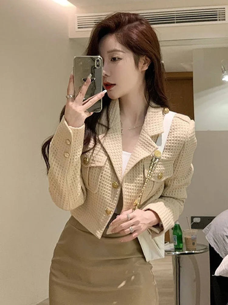 Office Lady Sexy Cropped Tweed Jackets Korean Fashion Slim Blazer Coat Women Simple Casual Long Sleeve Buttons Outwear New