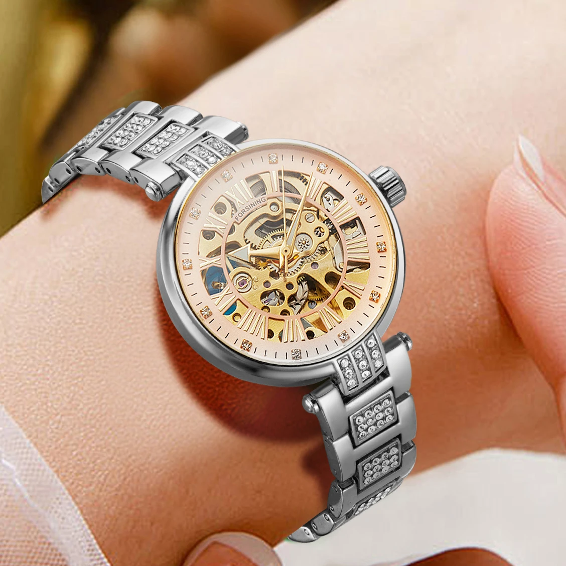 Fashion 2026 FORSINING Pink Diamond Ladies Watches Automatic Movement Elegant Women's Stainless Steel Skeleton Luxury Wristwatch