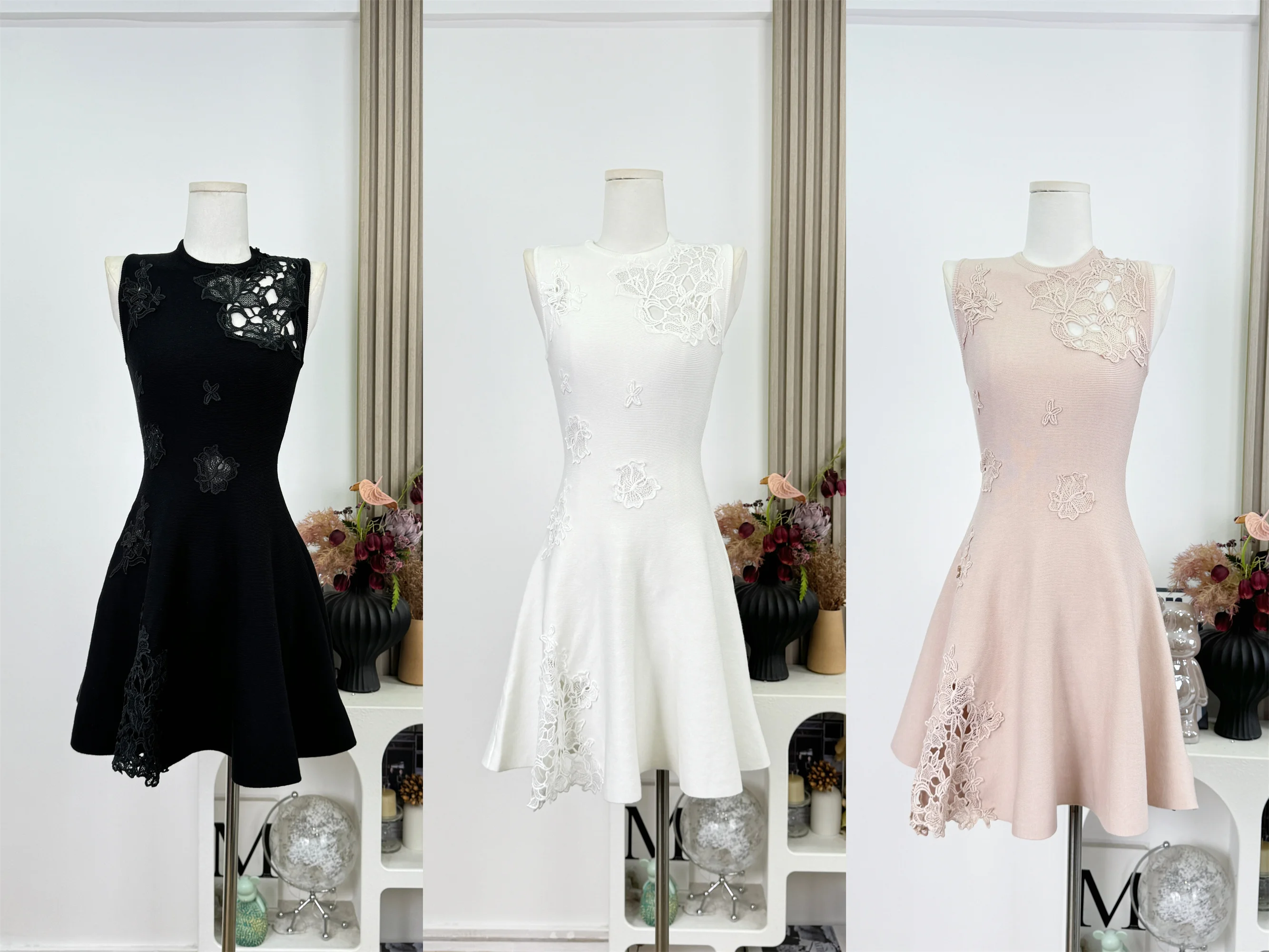 เดรสผู้หญิงลายลูกไม้ทรงเอเข้ารูป กระโปรงทรงเอ สไตล์หรูหรา ดูดีมีระดับ ผ้าถัก แฟชั่นฤดูใบไม้ผลิ สไตล์ฝรั่งเศส คอทรงกลม รุ่น F594