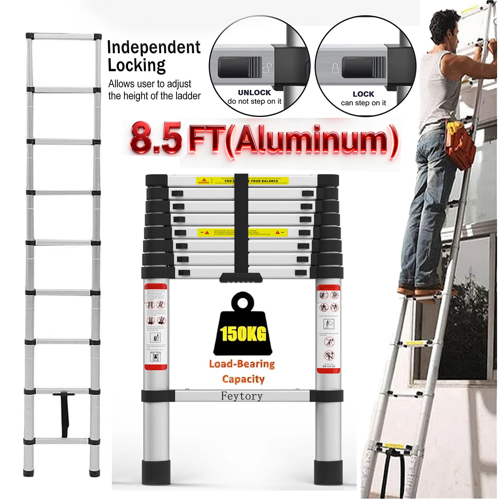 Escalera telescópica de aluminio de 2.6 m/8.5 pies - Escalera plegable portátil multiusos de alta resistencia con pies antideslizantes