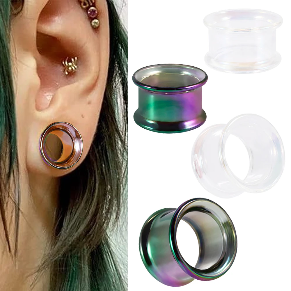 2PCS Glass Clear&Colorful Ear Plugs Earrings Hollow Gauges Tunnels Double Flared Expander Stretchers Ear Piecing Jewelry 6-25MM