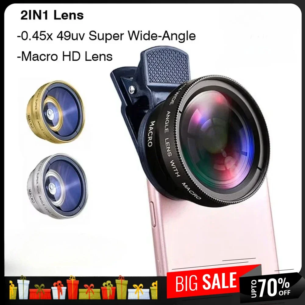 Universal 37mm 2 IN 1 Lens Clip Phone Lens Kit Professional 0.45X 49uv Super Wide-Angle + 12.5x Macro For Mobile Camera HD Lens