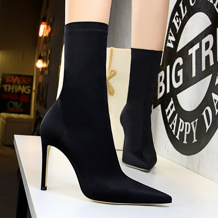 Women 7.5cm 10cm High Heels Silk Sock Stretch Boots Green Low Heels Thermal Ankle Boots Lady Stripper Winter Warm Sexy Shoes