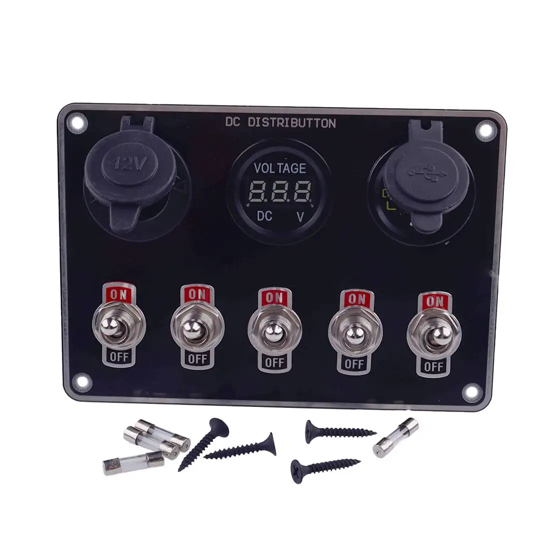 Red LED 5 Gang Rocker Ignition Switch Dual USB Voltmeter Panel Waterproof Fit For Racing Car Truck Boat