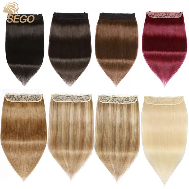 SEGO 90g-120g Straight Invisible Double Wire Hair Extensions 100% Real Human Hair No Clips Fish Line Hairpieces For Women