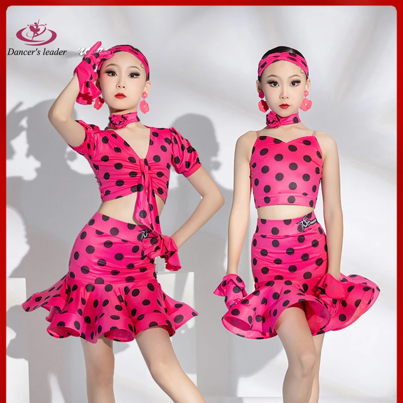 Latin Dance Professional Dress Polka Dot Design Suspenders Fishbone Skirt Tango Girls Standard Stage Professional Costume