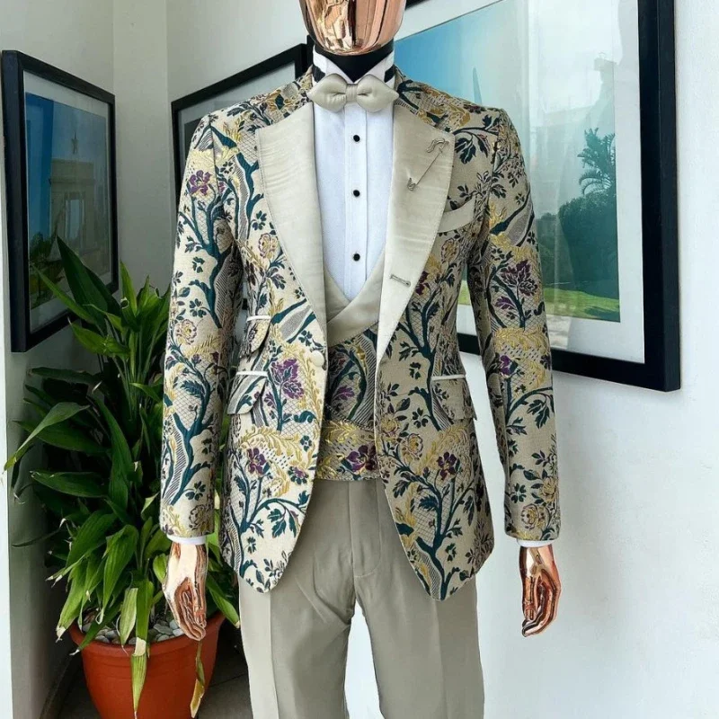 Floral Wedding Groom Tuxedos for Prom Party 3 Pcs Jacquard Men Suit Slim Fit Male Fashion Costume Custom Made Jacket Vest Pants