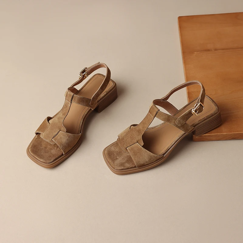 Women Retro Sandals Shoes 3.5cm Thick Heels Kid Suede Casual Style Shoes Women Elegant Sandals Concise Style LX74