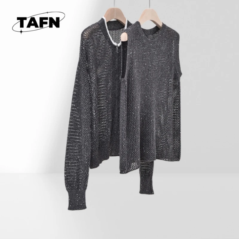 Hollow-out Pailletten Oud Geld Stijl Retro Hals Kleuraanpassing High Street Temperament Stand Kraag Casual Top AF3016