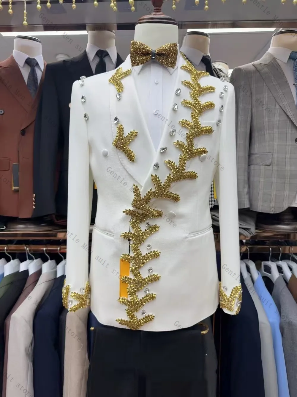 Conjunto de terno masculino com contas douradas, 2 peças, blazer + calças pretas, smoking de casamento, jaqueta formal de escritório, casaco de baile personalizado