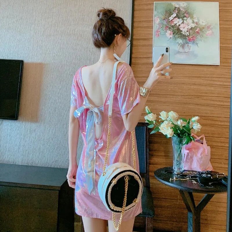 Women Short Sleeve T-shirt Shiny Thread Base Summer Fashion Design Sense Color Changing Glowing Mat Surface T-shirt Top